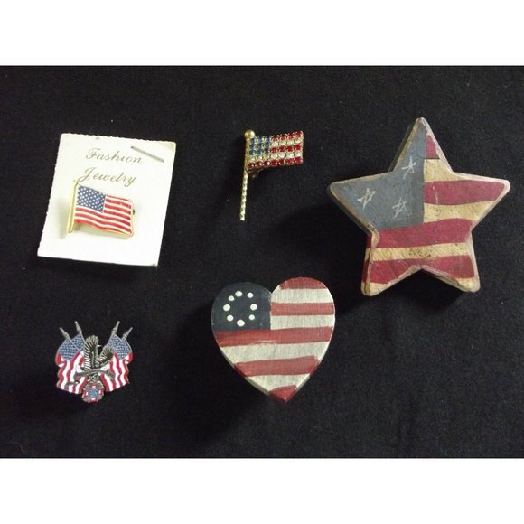 Unbranded Jewelry - Pins Lot of Five(5)Patriotic American Flag rhinestone painted heart wood courage